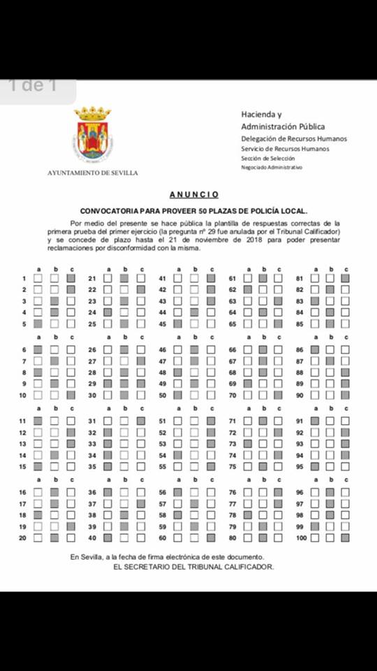 Examen Y Plantilla Tipo Test Convocatoria 50 Plazas De Policia Local Ayto Sevilla Academia Gestion